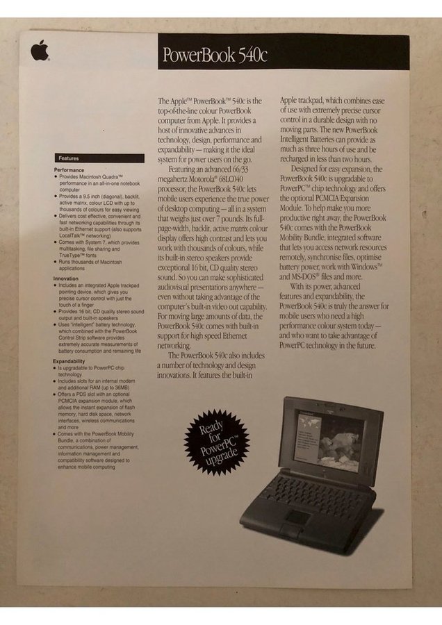 Apple PowerBook 540c two-sided data sheet black/white vintage brochure Macintosh