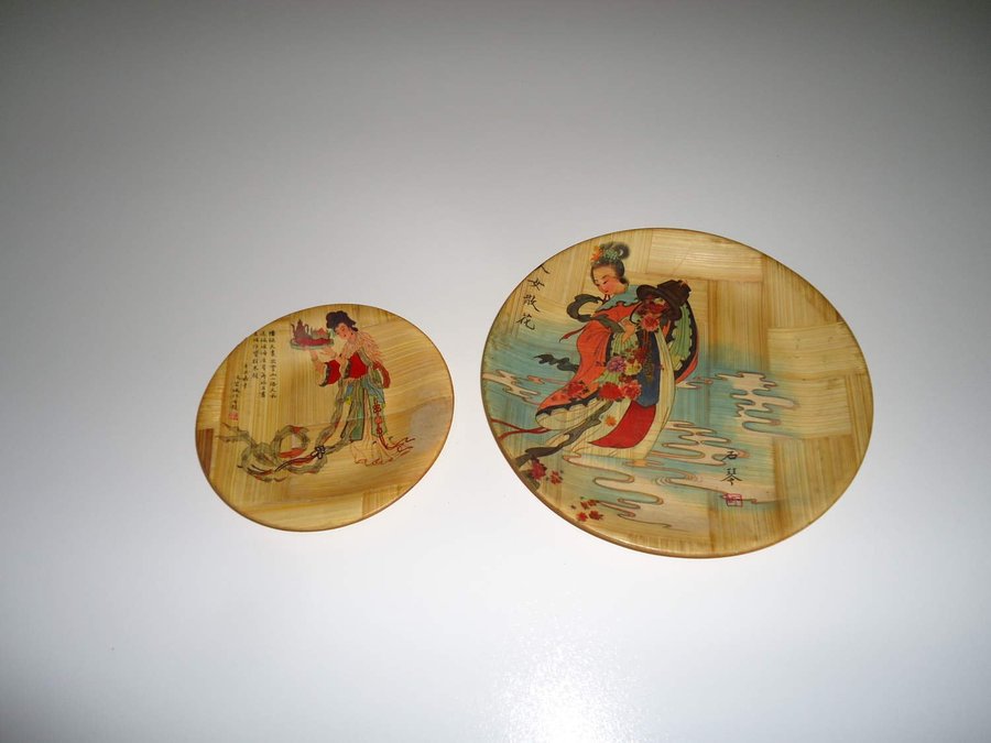 Trä fat 2 st Asiatiska målade motiv wood plates Japan Kina