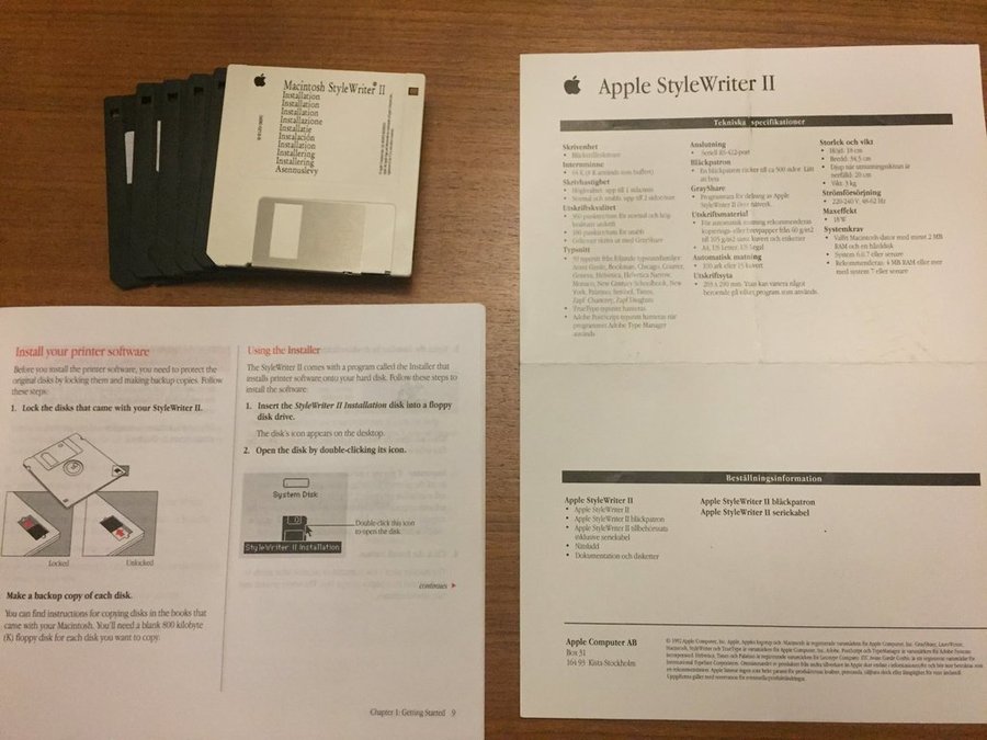 Apple StyleWriter II disketter och manual Macintosh Steven Jobs retro skrivare