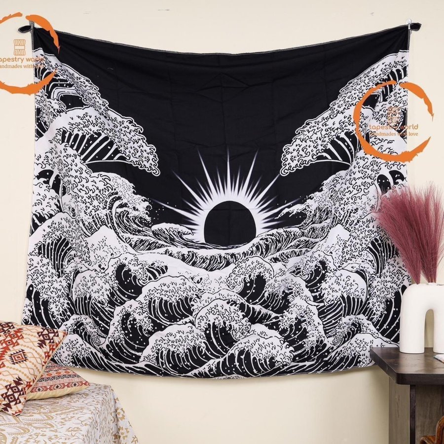 Black  White Sun n Waves Tapestry Wall Hanging Room Carpet Tapestry