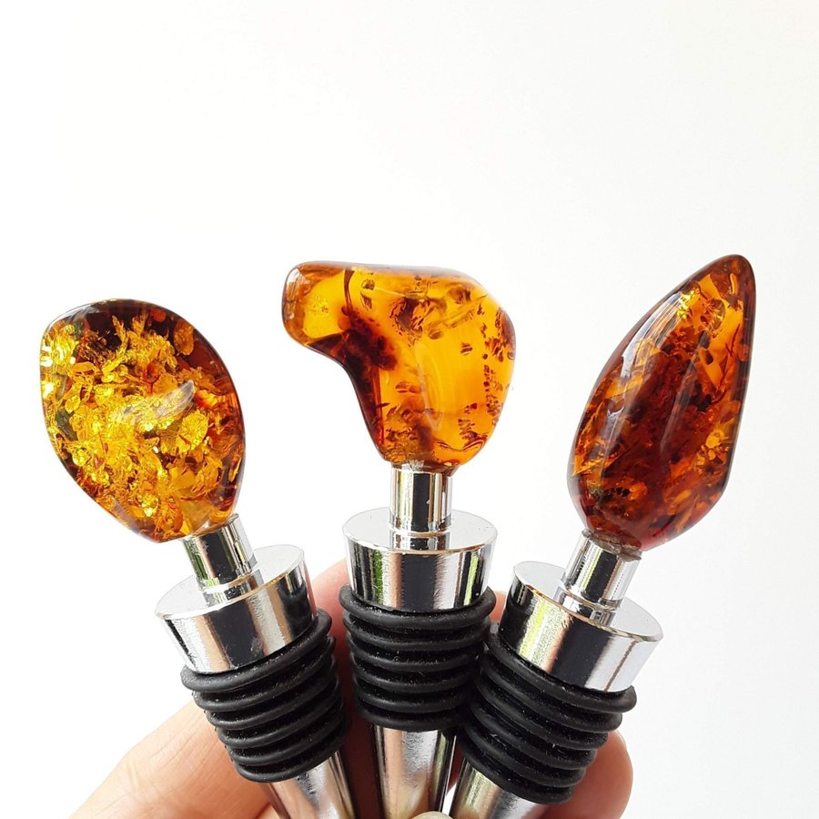 Gemstone cork All bottle stopper with Baltic amber stone Metal decorative cork