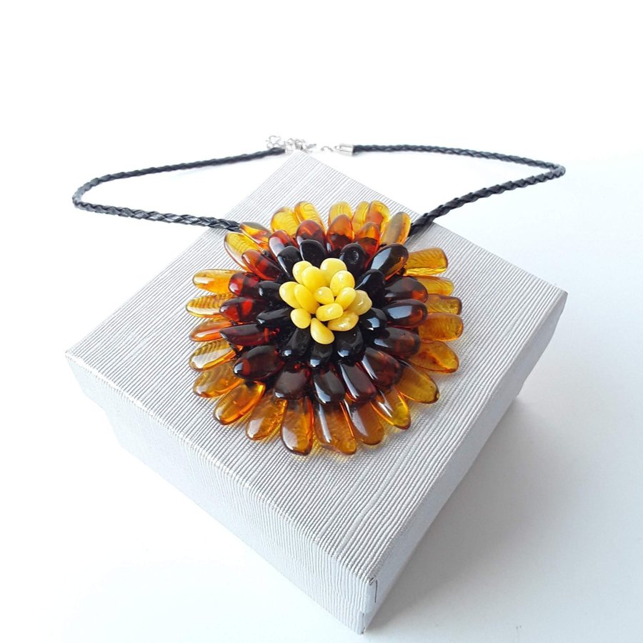 Baltic amber Flower necklace -pendant- brooch brown gemstone floral jewelry gift