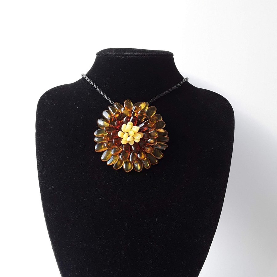 Baltic amber Flower necklace -pendant- brooch brown gemstone floral jewelry gift