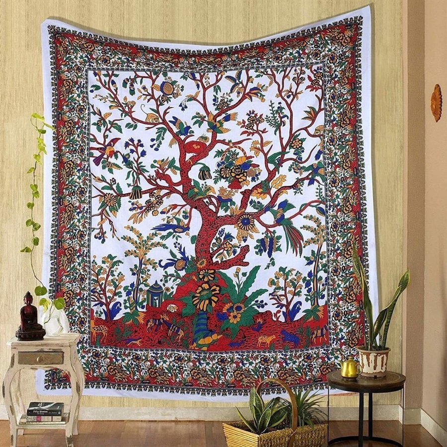 White Multicolored Tree of Life Tapestry Poster Wall Hanging Room Carpet