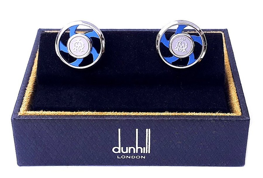 Alfred Dunhill Silver Round Spinning Cufflinks Authentic Mens Accessory + Case