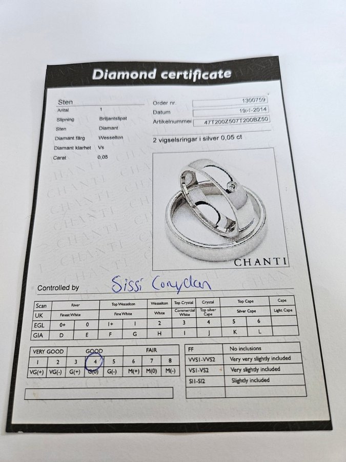 2st Silver ring en med diamant med certifikat