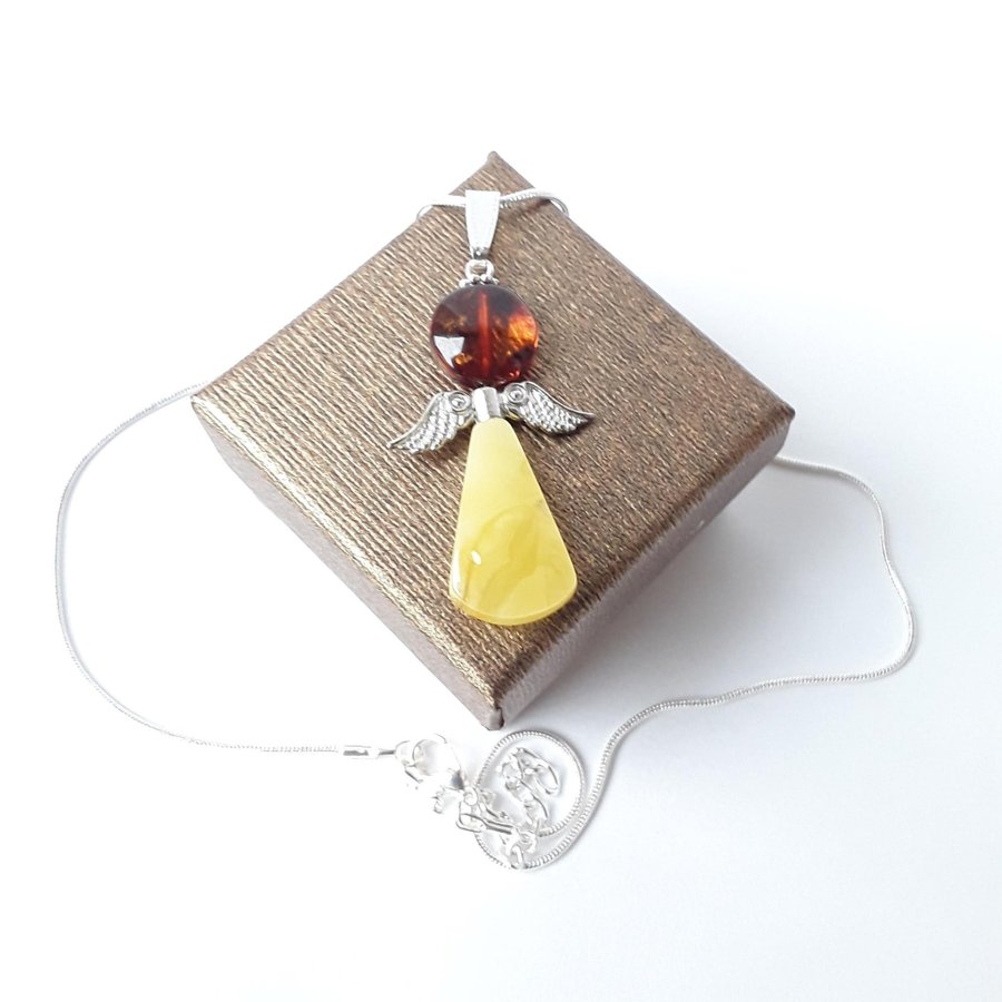 Baltic amber Angel pendant on a silver color chain Unisex Guardian angel jewelry