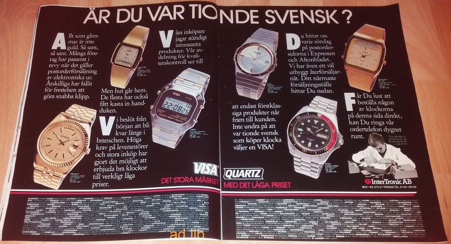 VISA QUARTZ REKLAM STOR TIDNINGSANNONS 1987