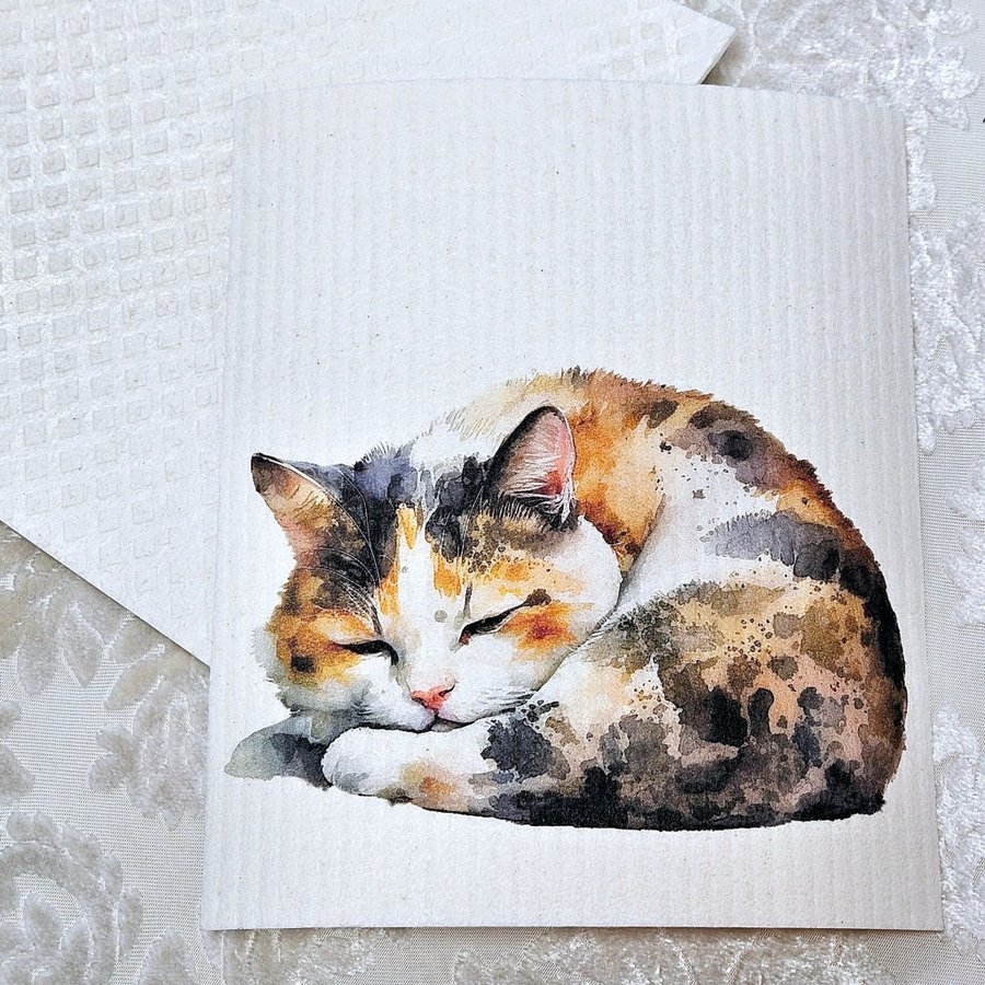 Disktrasa wettex duk med tryck print en sovande katt