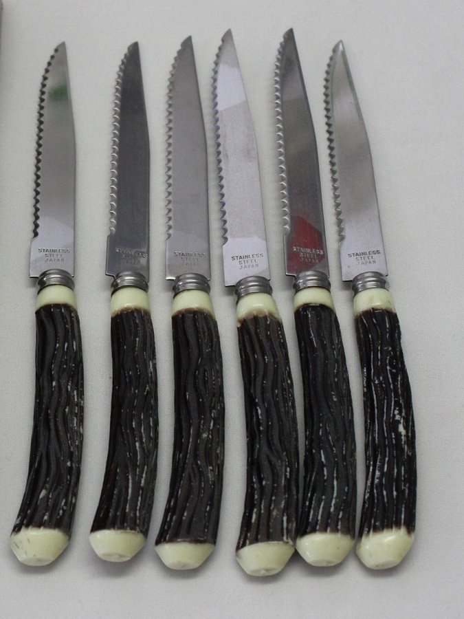 6 Vintage Tändad Kniv Knivar 187 cm Rostfritt m Handtag i Plast Japan i Kartong