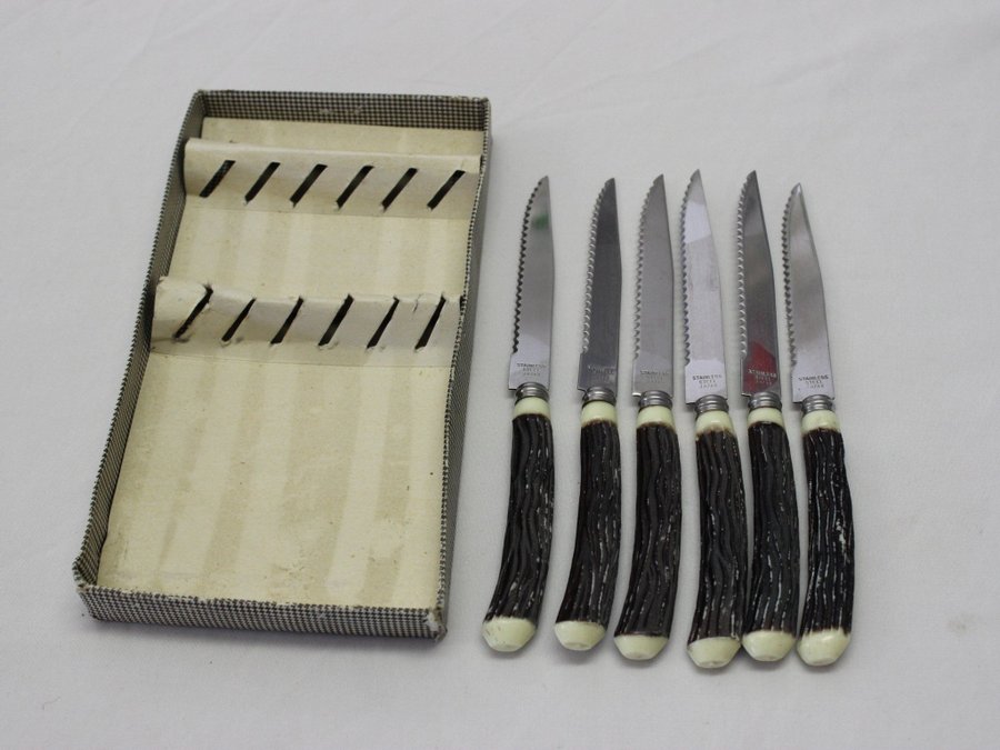 6 Vintage Tändad Kniv Knivar 187 cm Rostfritt m Handtag i Plast Japan i Kartong