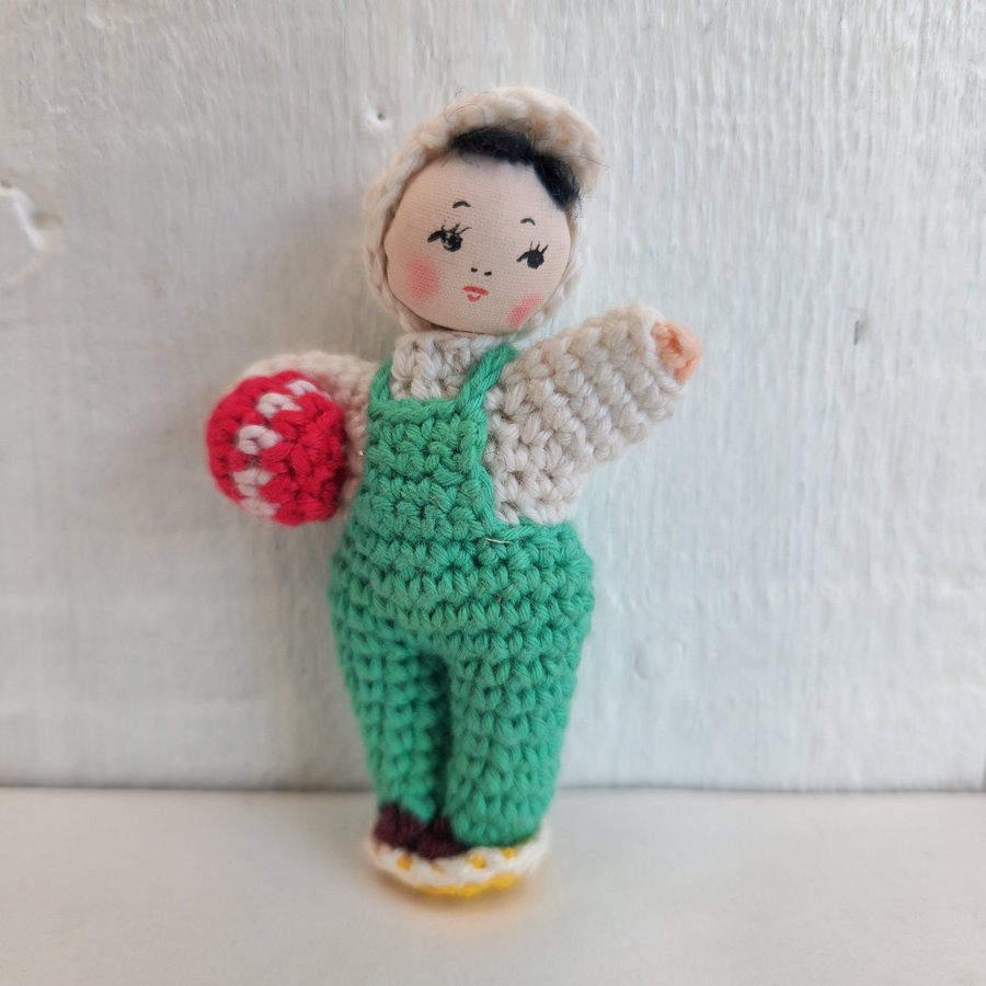 Vintage Miniature Japanese Amigurumi Crochet Girl with Ball Doll