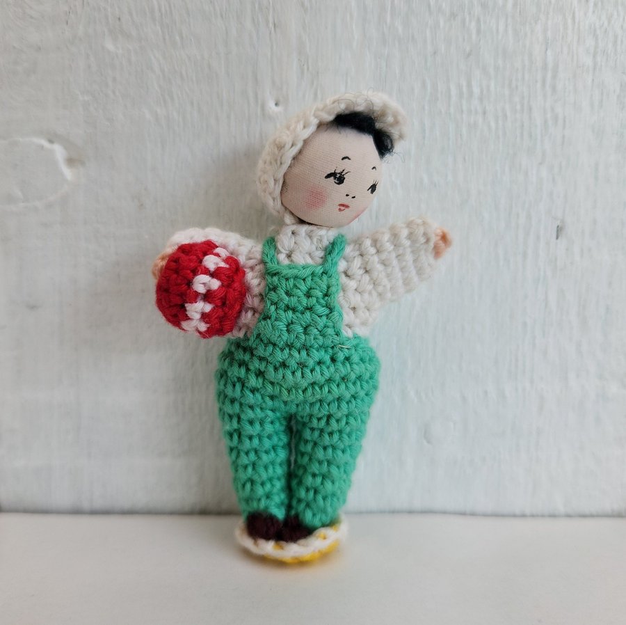 Vintage Miniature Japanese Amigurumi Crochet Girl with Ball Doll