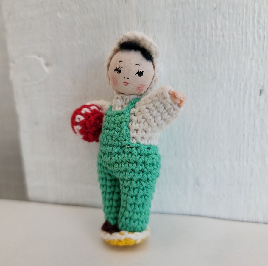 Vintage Miniature Japanese Amigurumi Crochet Girl with Ball Doll