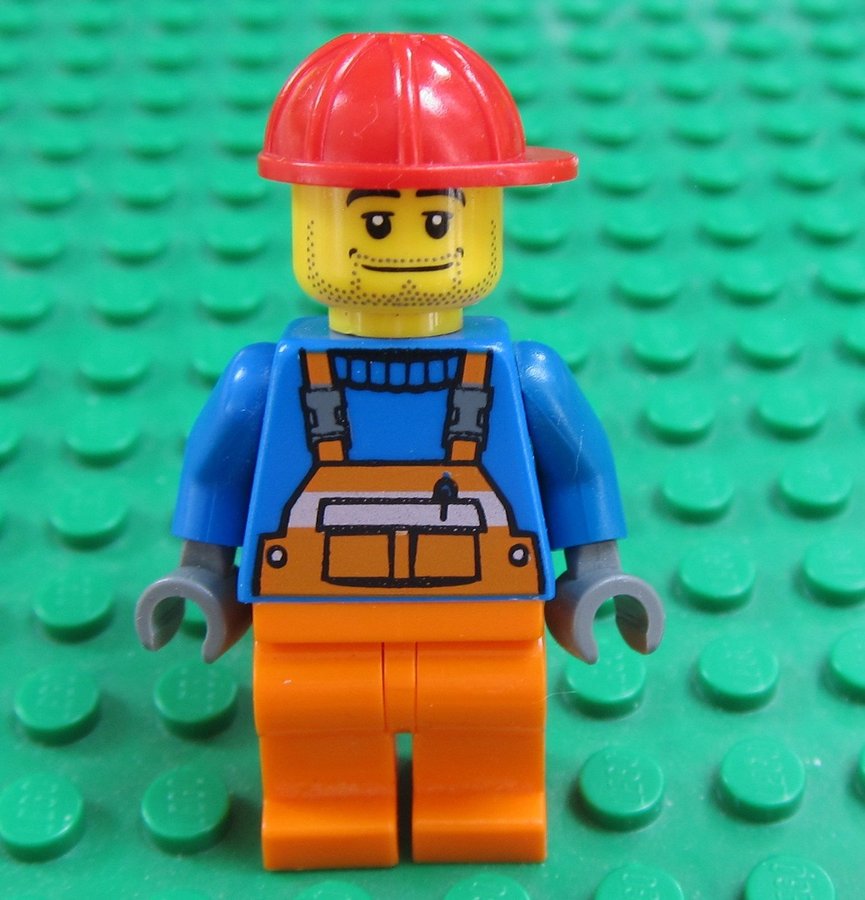 LEGO figur Orange arbetare Town City Construction Worker röd hjälm