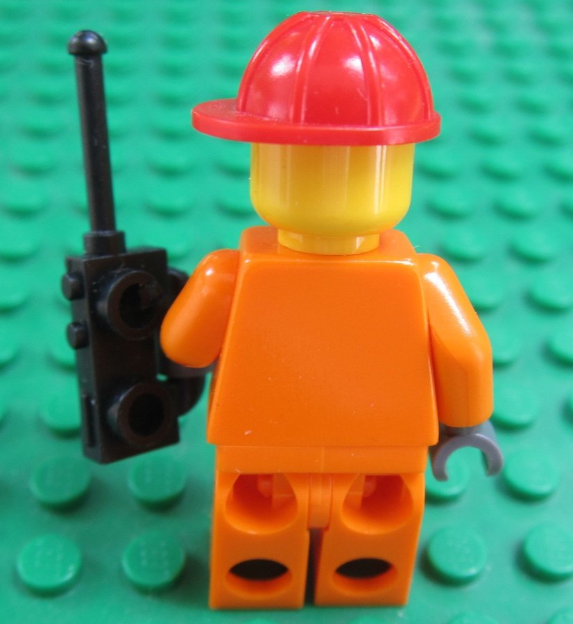 LEGO figur Orange arbetare Town City Construction Worker röd hjälm Walkie talkie