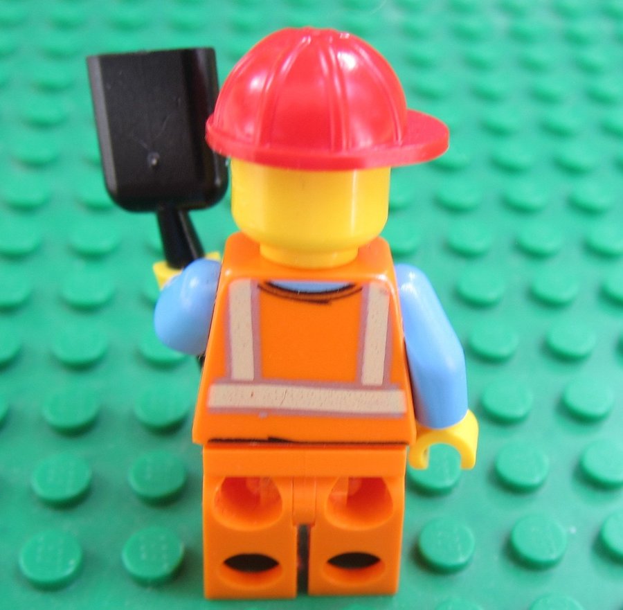 LEGO figur Orange arbetare Town City Construction Worker röd hjälm spade tjej