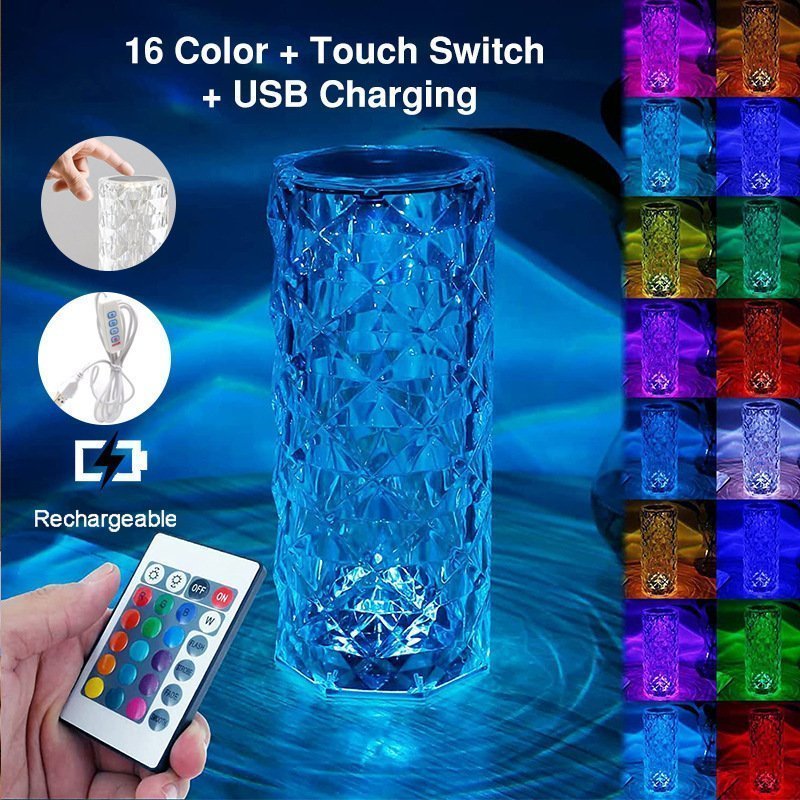 Crystal Skrivbordslampa RGB färgskiftande nattljus Rose Diamond Touch Lamp