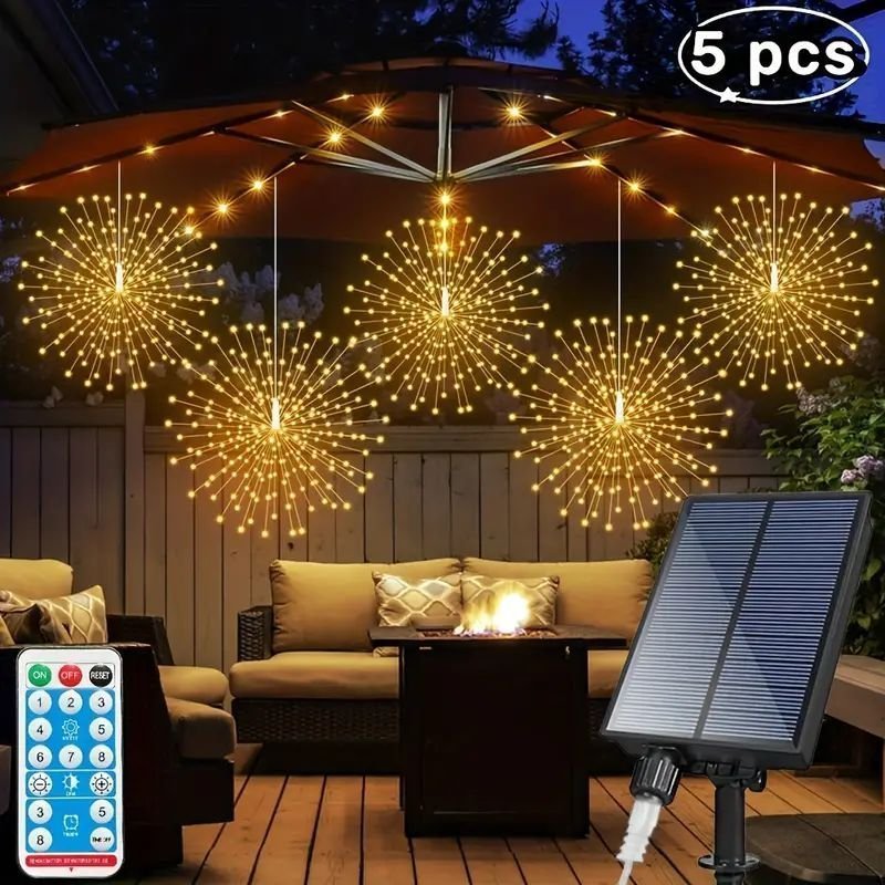 5 PCS 480 LED Fireworks Style Solar String Lights med 8 lägen dimbara