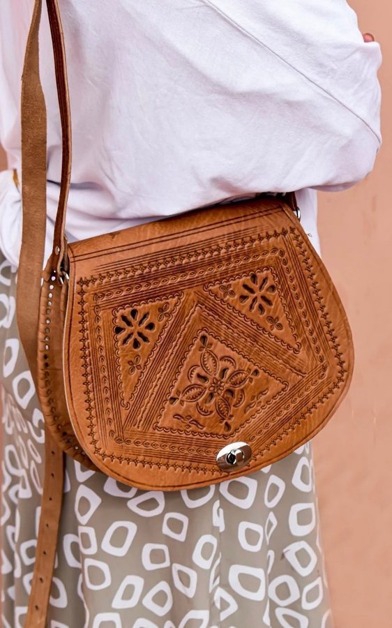 Handcrafted Moroccan Leather Bag with Carved Detailing | Boho leather bag 