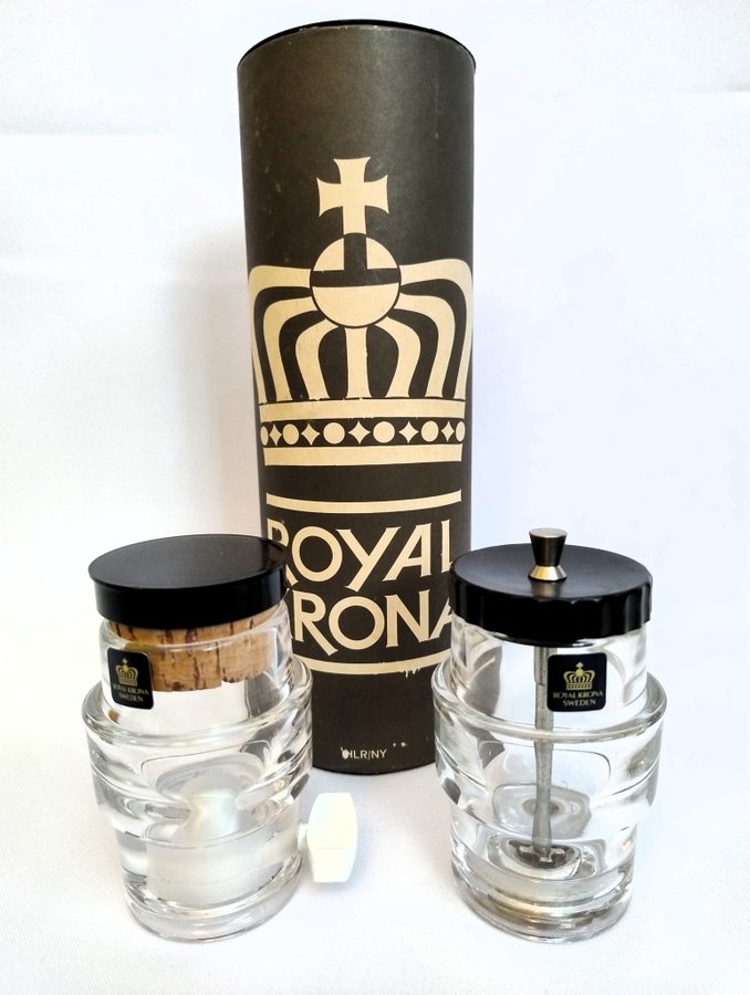 Vintage Royal Krona salt och pepparkvarn i glas 1970-tal Svenska