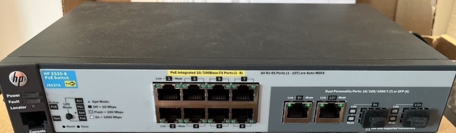 HP 2520-8-POE Switch (J9137A) - 8 x 10/100Mbit PoE-portar och 2 x Gigabitportar