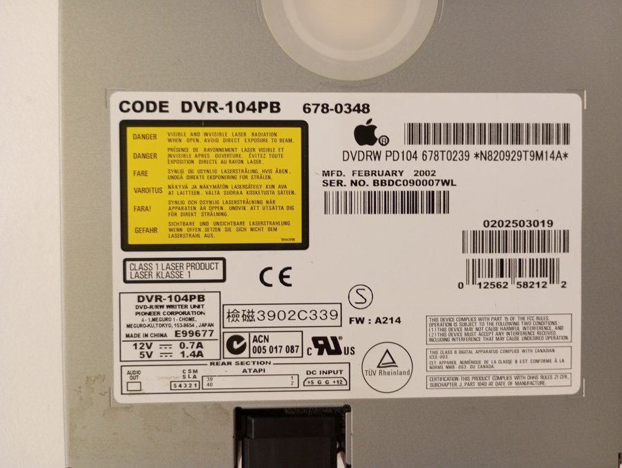 DEFEKT Apple DVD-RW DVR-104PB enhet model 678-0348 DEFEKT EJ TESTAD