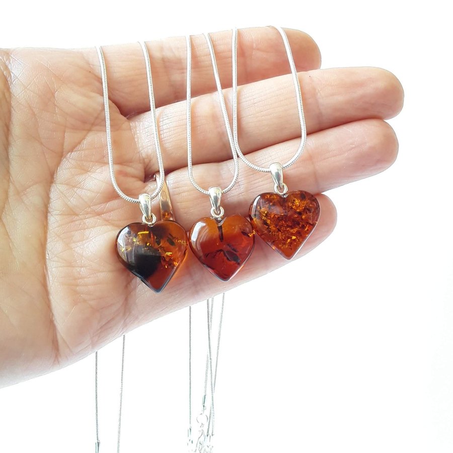 Baltic amber Heart pendant on a silver color chain Brown unisex Heart jewelry