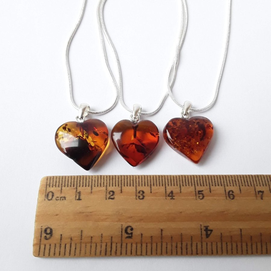 Baltic amber Heart pendant on a silver color chain Brown unisex Heart jewelry