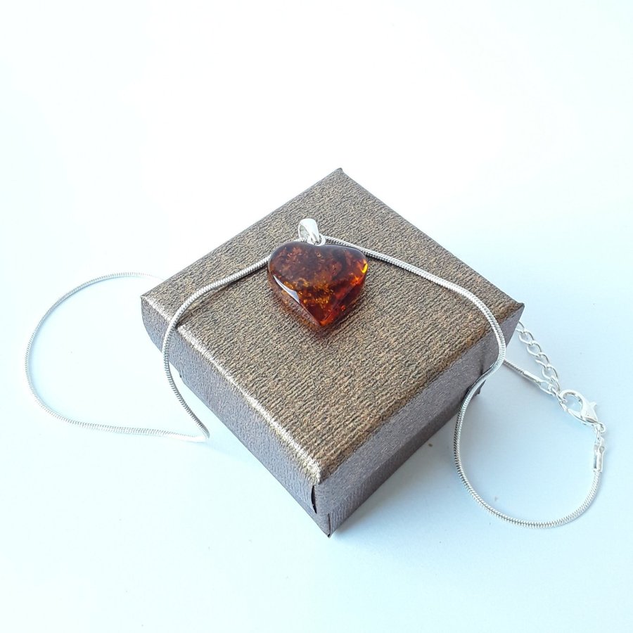 Baltic amber Heart pendant on a silver color chain Brown unisex Heart jewelry