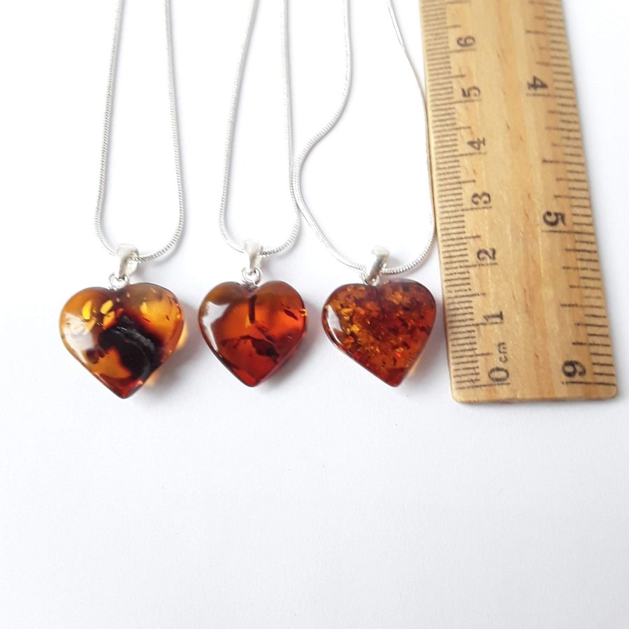 Baltic amber Heart pendant on a silver color chain Brown unisex Heart jewelry