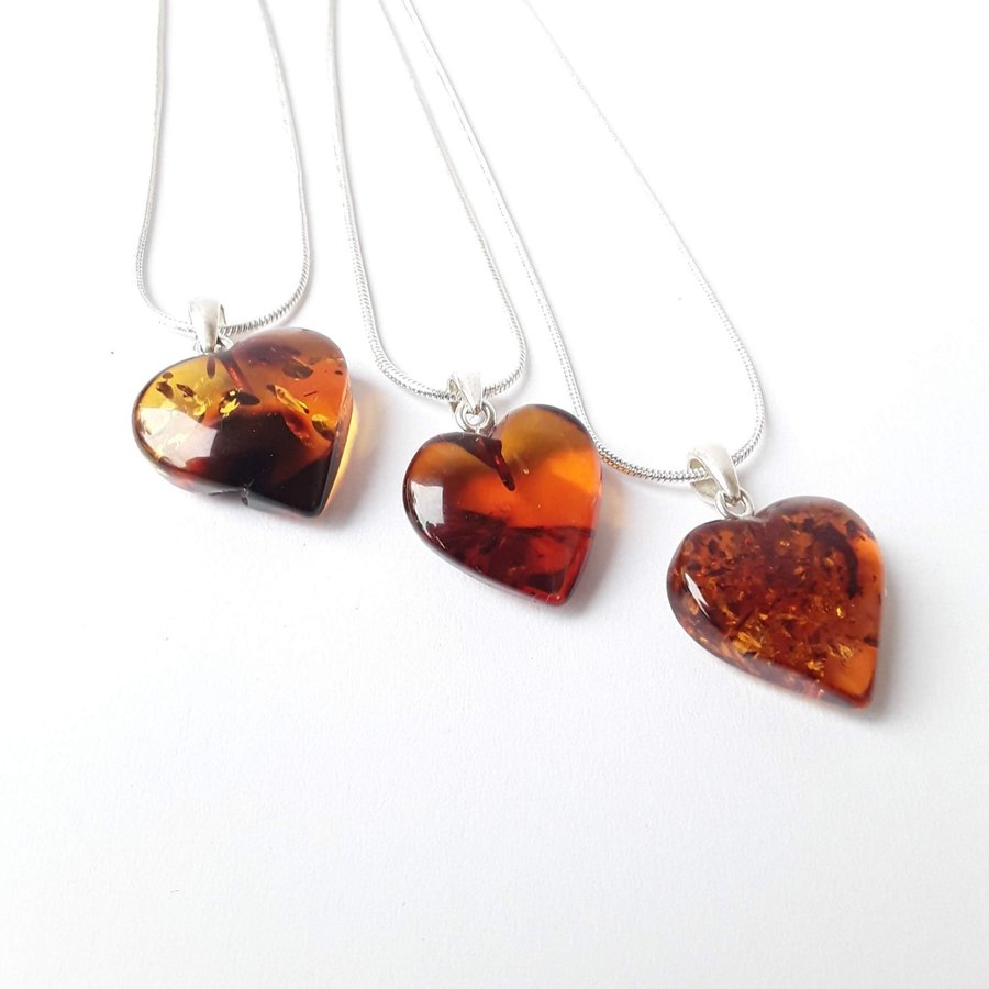 Baltic amber Heart pendant on a silver color chain Brown unisex Heart jewelry