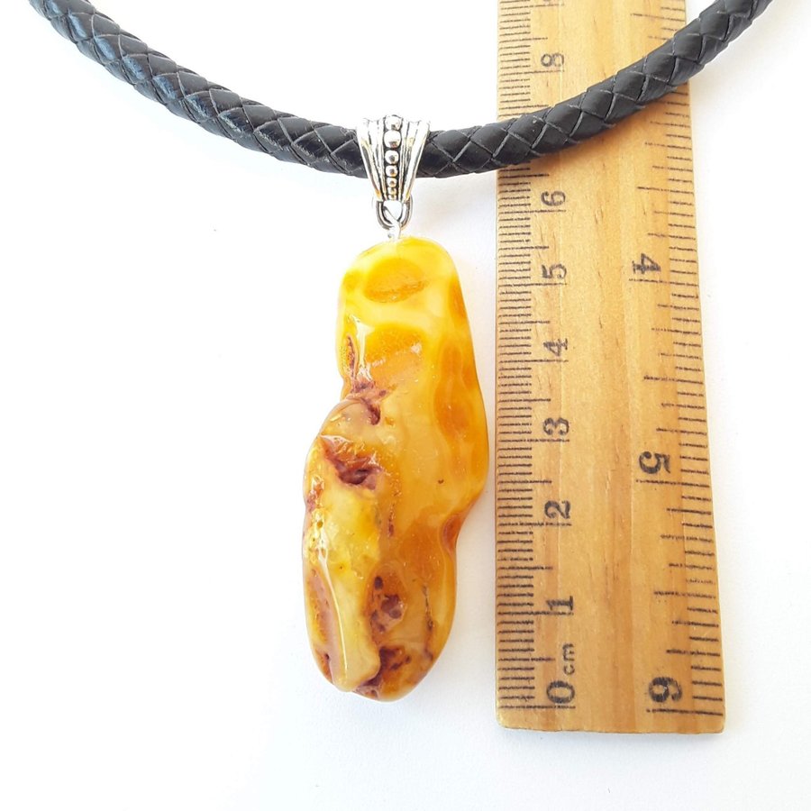 Raw Baltic amber pendant necklace Yellow brown gemstone on black chain jewelry