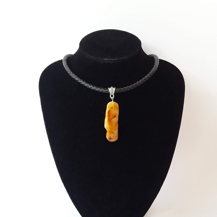 Raw Baltic amber pendant necklace Yellow brown gemstone on black chain jewelry