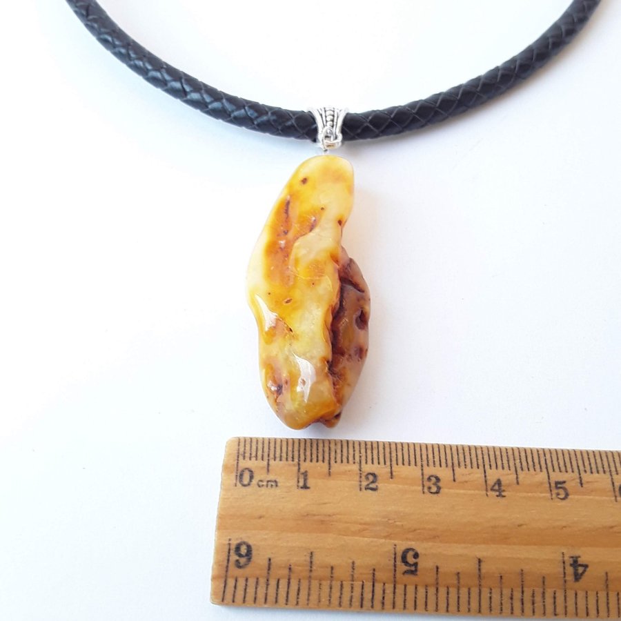 Raw Baltic amber pendant necklace Yellow brown gemstone on black chain jewelry