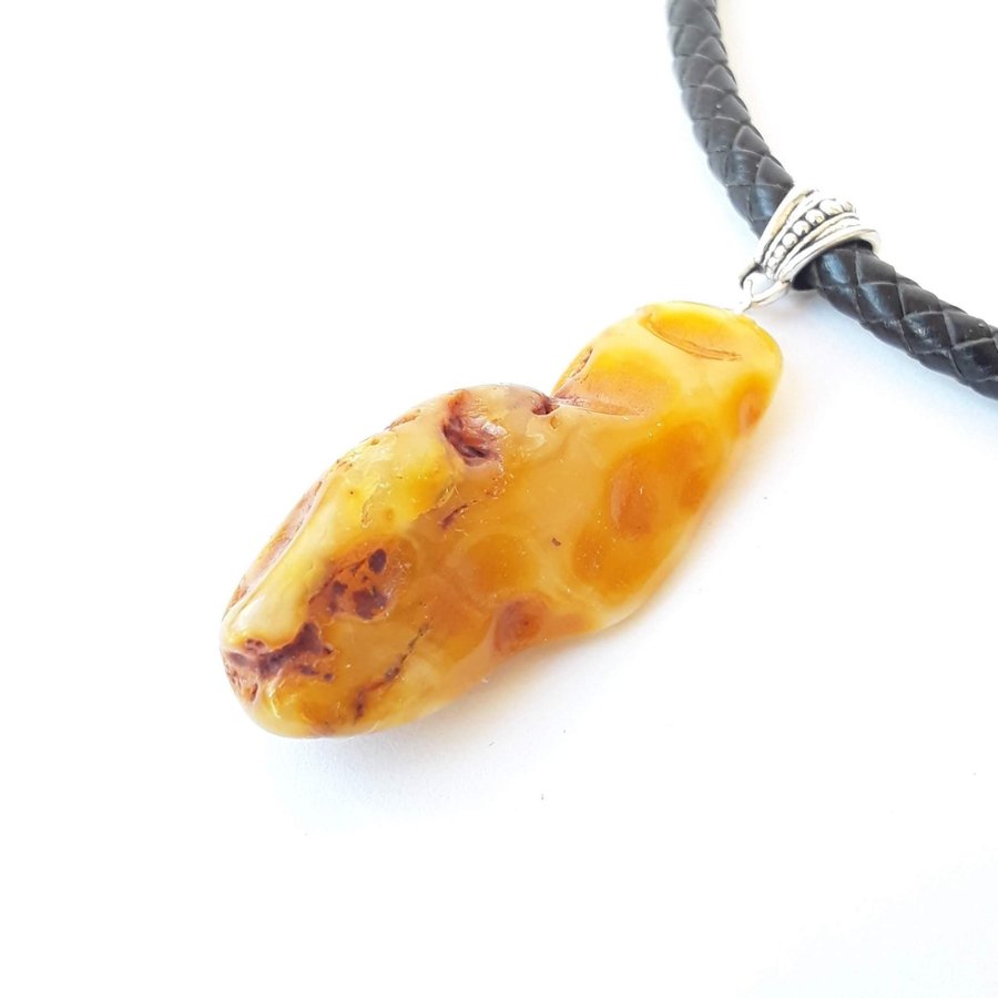Raw Baltic amber pendant necklace Yellow brown gemstone on black chain jewelry