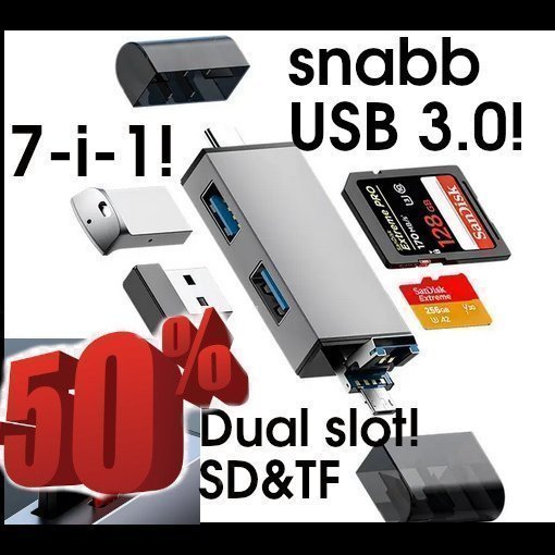 7-i-1 SD / TF / USB minneskort läsare USB30 microUSB / type C / USB 30