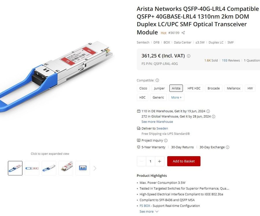 optisk modul QSFP 40G IR4 (LR4L) 2km FScom Arista kodad