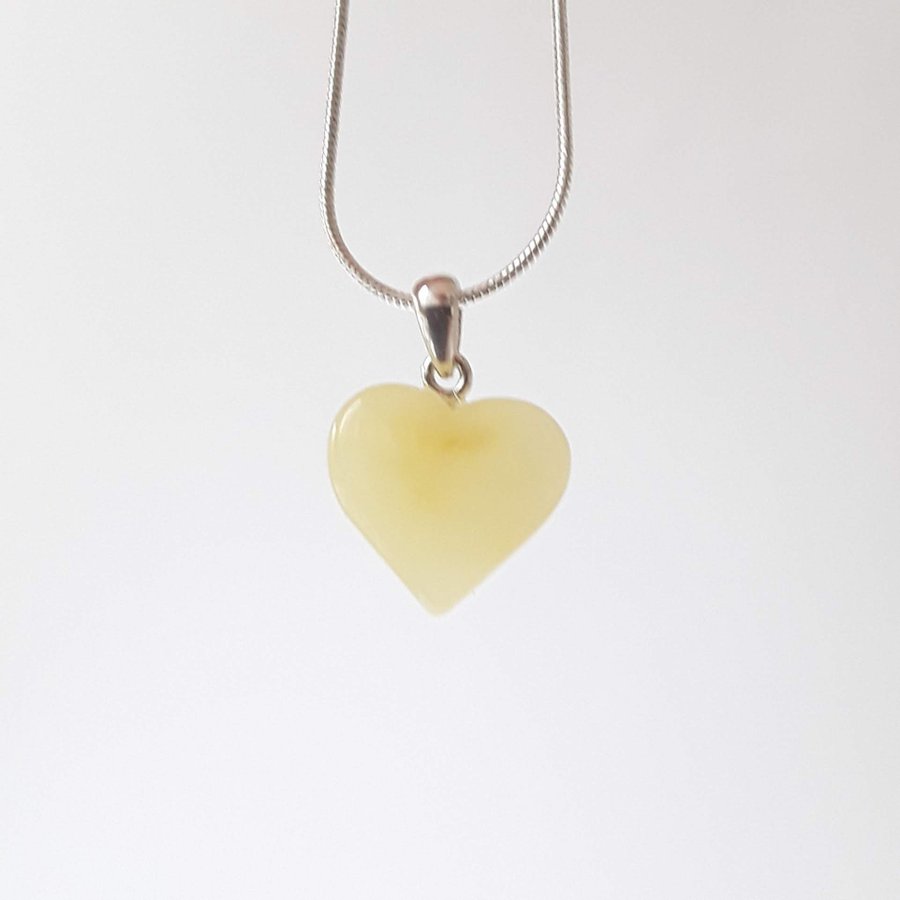 White Baltic amber gemstone Heart pendant on a silver color chain Heart jewelry