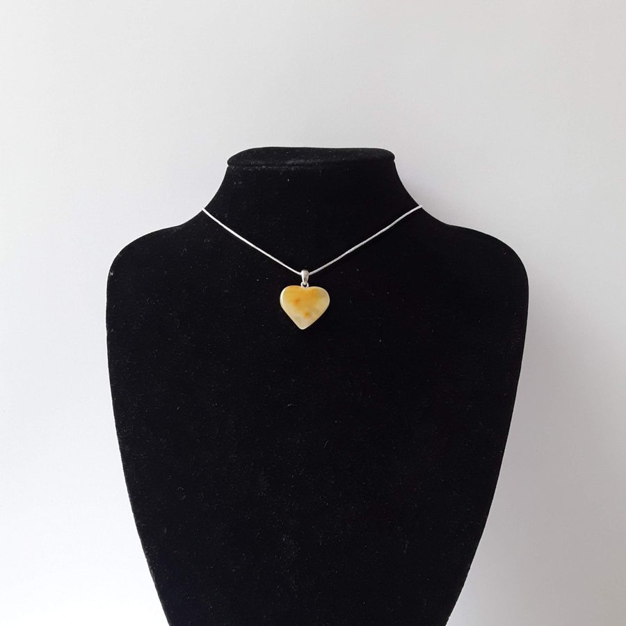 White Baltic amber gemstone Heart pendant on a silver color chain Heart jewelry