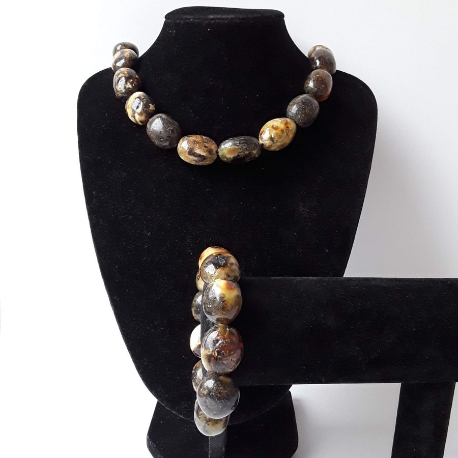 Baltic amber jewelry set Black chunky oval amber stone necklace and bracelet set