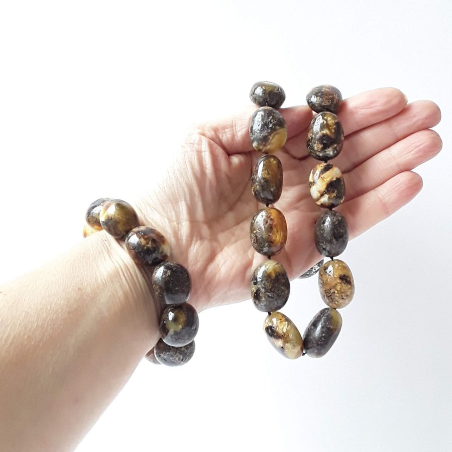 Baltic amber jewelry set Black chunky oval amber stone necklace and bracelet set