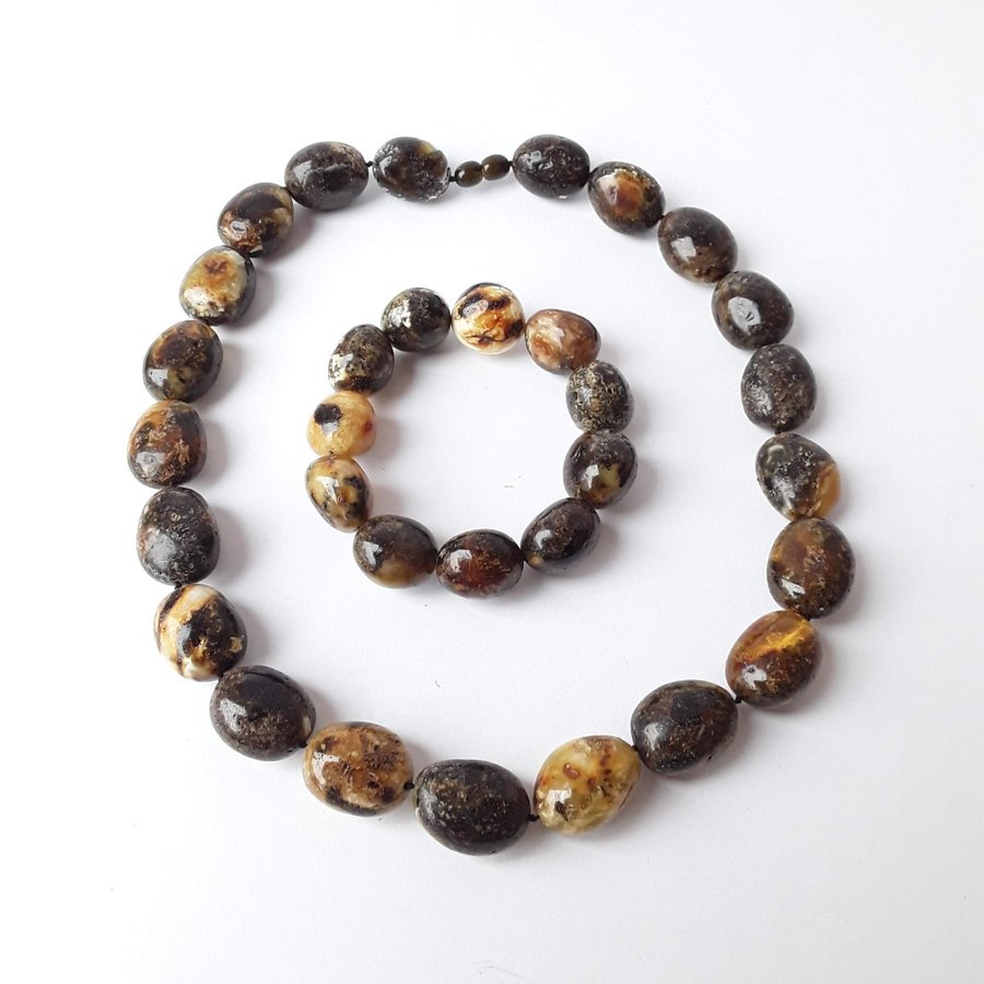 Baltic amber jewelry set Black chunky oval amber stone necklace and bracelet set