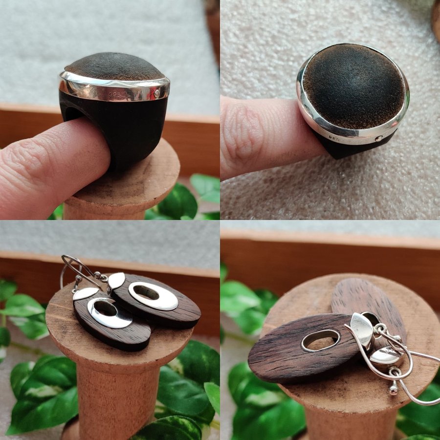 Stor maffig super cool Retro ring örhängen silver trä skinn teak Oval rund brun