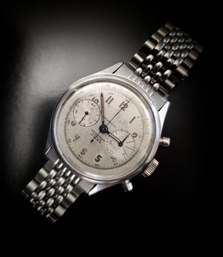 CHRONOGRAPH WATCH 1940s "SNAIL TRAIL" 38MM BOR BEADS OF RICE TELEMETRE OVERSIZE!