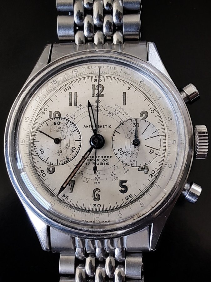 CHRONOGRAPH WATCH 1940s "SNAIL TRAIL" 38MM BOR BEADS OF RICE TELEMETRE OVERSIZE!