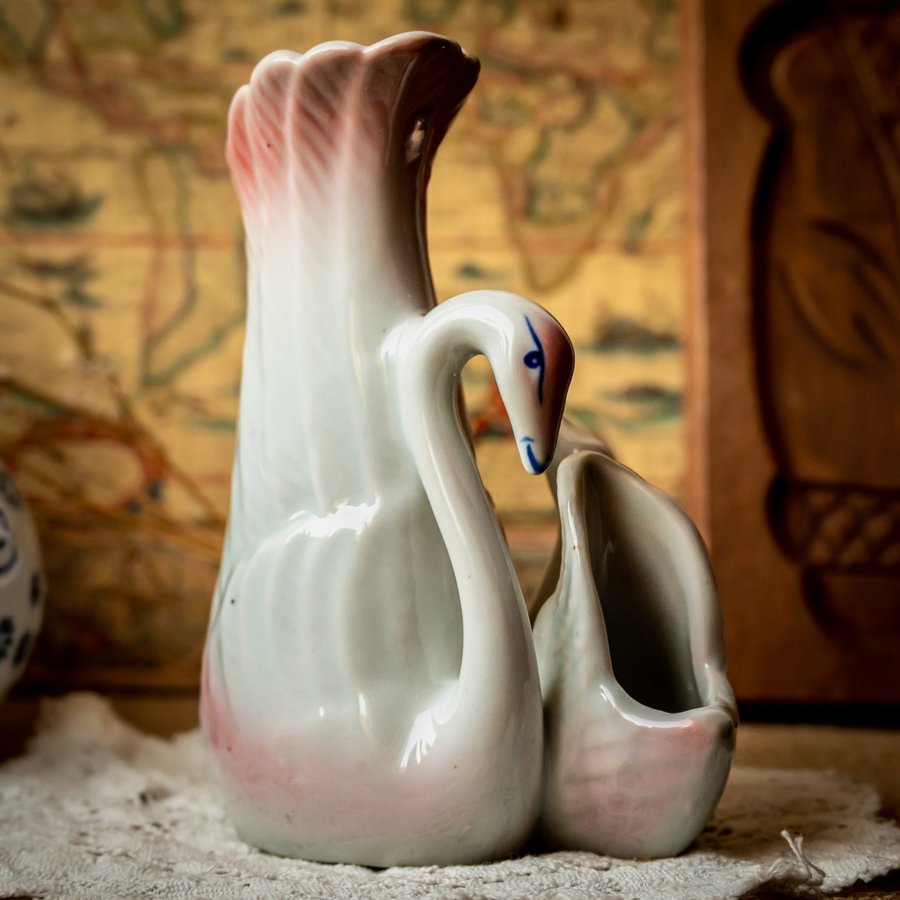 Vintage Porcelain Ceramic Pastel Pink Swan Vase | Retro Kitsch Kitschy Figurine