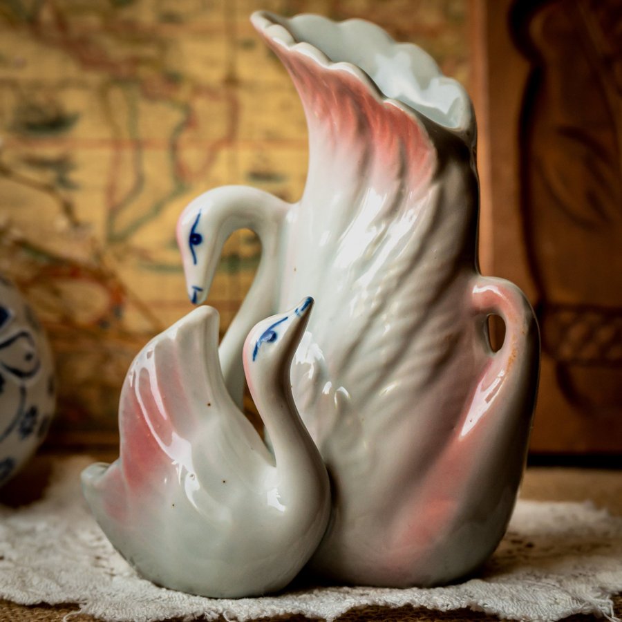 Vintage Porcelain Ceramic Pastel Pink Swan Vase | Retro Kitsch Kitschy Figurine