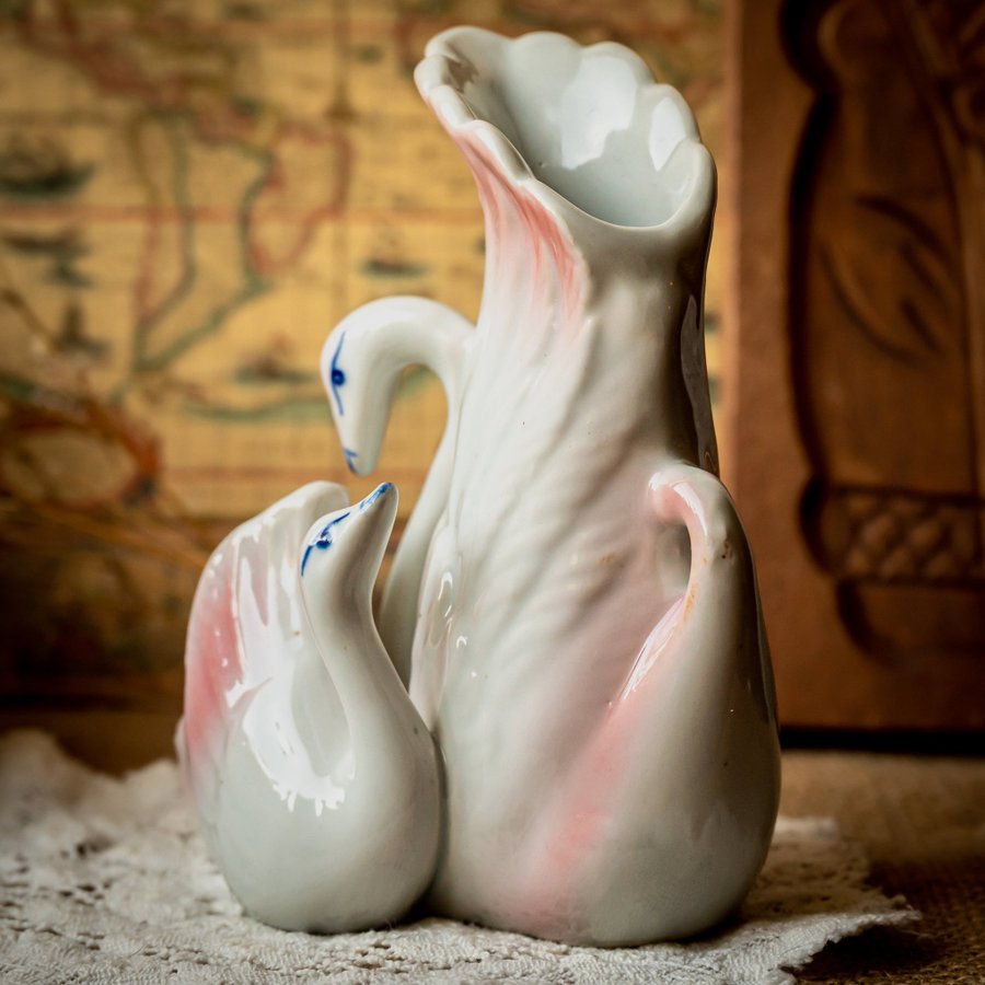 Vintage Porcelain Ceramic Pastel Pink Swan Vase | Retro Kitsch Kitschy Figurine