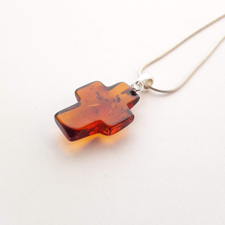 Baltic amber gemstone cross pendant necklace Brown cognac amber Catholic jewelry